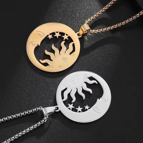 Sun Moon Star Hollow Pendant Box Chain Necklace for Women | Hollow sun moon star design represents companionship, smooth polished, versatile daily jewelry for women - color: silvery