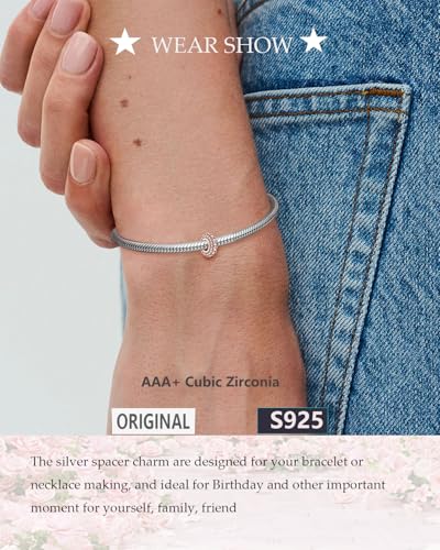 KEQ 925 Silver Spacer Stopper Bead Charms Clearance for Pandora Bracelets Birthstone CZ Always Stopper Birthday Gifts for Mom Grandmom Granddaughter Wife Sisters Friends - color: Rose golden(1 Pcs)