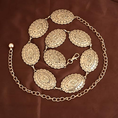 ILuvatar Western Metal Concho Belt for Women Cowgirl Waist Chain for Women Dress Pants Adjustable - color: Gold-t65