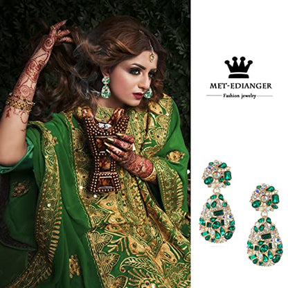 Rhinestone Statement Earrings Teardrop Costume Earrings Cluster Crystal Chandelier Drop Dangle Earrings for Women - color: Green