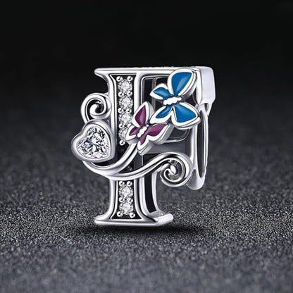 S925 Silver Butterfly Initial Letter Charms Fit for Pandora Charms Bracelets and Necklace Alphabet Bead Charms Jewelry Gifts for Women - color: F