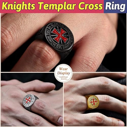 FaithHeart Mens Stainless Steel Crusader Jerusalem Cross Ring with 18K Gold Plated Two Tone Ring Size 7,8,9,10,11,12 - color: 02. Crusader Cross-Silver