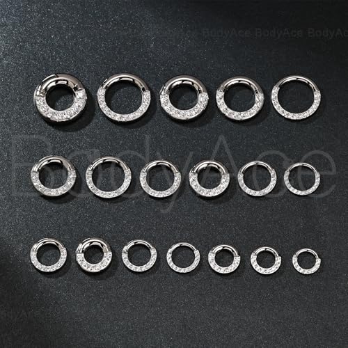 CZ Hinged Segment Clicker PA Rings, 2G 4G 6G 8G 10G 12G Large Septum Nose Rings, Surgical Steel Spring Action BCR Ring Ear Gauges Earrings Hoops - color: 12G(2mm),Hoops:10mm