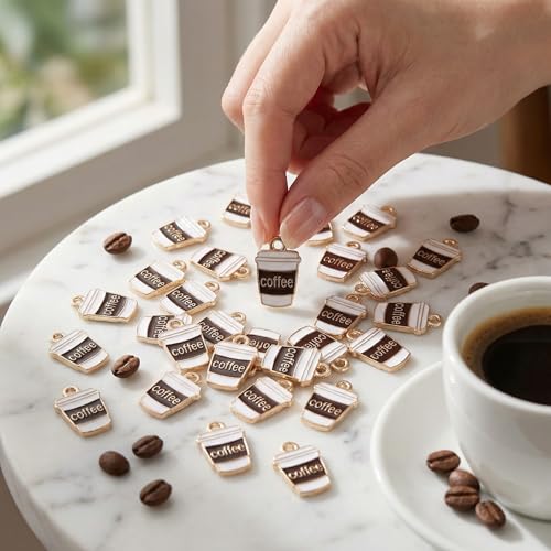 50Pcs Coffee Charms for Jewelry Making Enamel Golden Mini Coffee Cup Charms Dangle Beads Charm for DIY Craft Accessories Cup for Bracelets Necklaces and Earrings