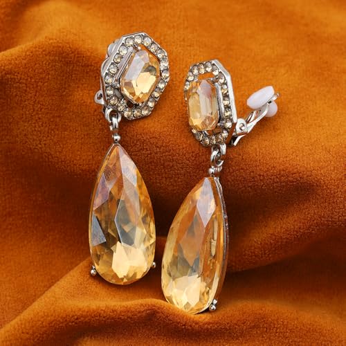 Gorgeous Long Austrian Crystal Teardrop Drop Dangle Clip On Earrings Non Pierced for Women - color: Champagne