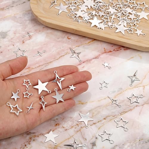 100PCS Silver Tibetan Star Charms,Metal Hollow Pentagram Pendants Tibetan Star Pendant Hollow Celestial Stars Charms Tibetans Style Alloy Pendants for Necklace Earring Bracelet Craft Jewelry Making