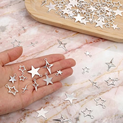 100PCS Silver Tibetan Star Charms,Metal Hollow Pentagram Pendants Tibetan Star Pendant Hollow Celestial Stars Charms Tibetans Style Alloy Pendants for Necklace Earring Bracelet Craft Jewelry Making
