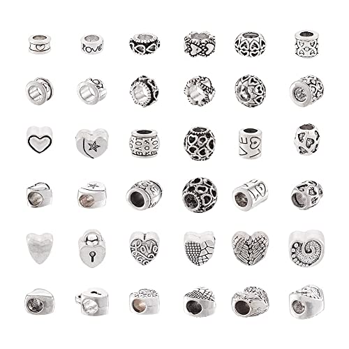 Craftdady 72pcs Tibetan European Large Hole Beads Antique Silver Heart Column Rondelle Loose Spacer Metal Beads Macrame Beads Charms 7.5~11mm for Snake Chains Bracelet Jewelry Making - color: Antique Silver-18 Style