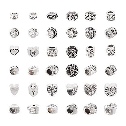 Craftdady 72pcs Tibetan European Large Hole Beads Antique Silver Heart Column Rondelle Loose Spacer Metal Beads Macrame Beads Charms 7.5~11mm for Snake Chains Bracelet Jewelry Making - color: Antique Silver-18 Style