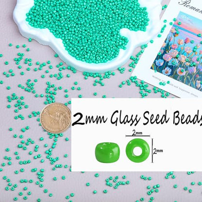 2mm Glass Seed Beads Bulk, Light Green 12/0 Tiny Round Seed Bead, Small Mini Pony Craft Beads for Bracelet Necklace Wrist Jewelry Making Beading Weaving DIY Crafts Supplies - color: Light Green