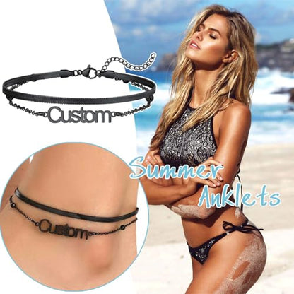 U7 Custom Layered Ankle Bracelets for Women Stainless Steel Bead/Cuban/Figaro/Rope/Wheat Chain Anklet Waterproof Anklet Jewelry for Beach Vacation - color: c-Black-Herringbone Chain