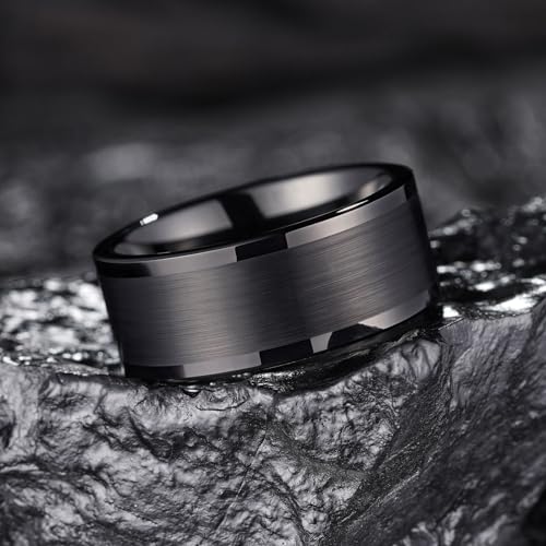 King Will Mens Brushed Wedding Band, Two Tone Matte Step Edges/Pipe Cut, Tungsten Carbide Anniversary Promise Rings Comfort Fit - color: Black Pipe Cut-10mm