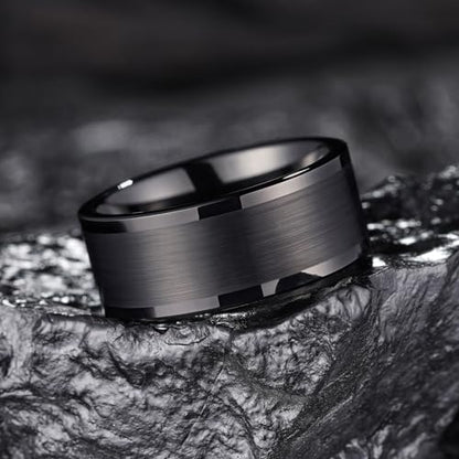 King Will Mens Brushed Wedding Band, Two Tone Matte Step Edges/Pipe Cut, Tungsten Carbide Anniversary Promise Rings Comfort Fit - color: Black Pipe Cut-10mm