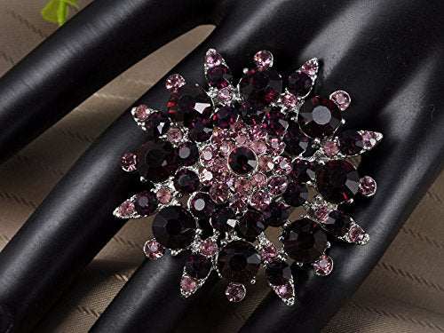 Alilang Adustable Silver Blue Purple Iridescent Crystal Rhinestones Snowflake Flower Floral Ring - color: Purple