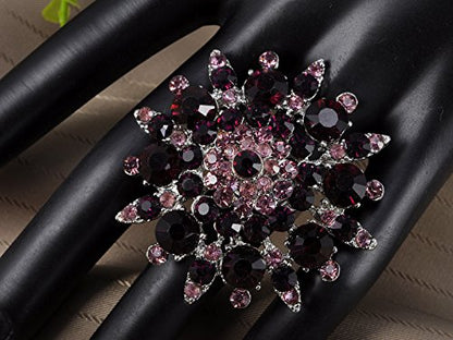 Alilang Adustable Silver Blue Purple Iridescent Crystal Rhinestones Snowflake Flower Floral Ring - color: Purple