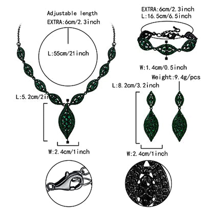 Flyonce Wedding Jewelry Set Rhinestone Crystal Bridal Leaf Necklace Drop Dangle Chandelier Earrings Sets for Women - color: Green Black-Tone