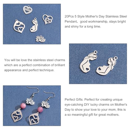 PH PandaHall 20pcs 5 Style Mom Charm Pendants, Stainless Steel Best Mom I Love Mom Heart Mom Pendants Letter Charms for Mother's Day Birthday Earring Necklace Bracelet Jewelry Making - color: 5 Style