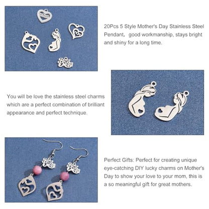 PH PandaHall 20pcs 5 Style Mom Charm Pendants, Stainless Steel Best Mom I Love Mom Heart Mom Pendants Letter Charms for Mother's Day Birthday Earring Necklace Bracelet Jewelry Making - color: 5 Style