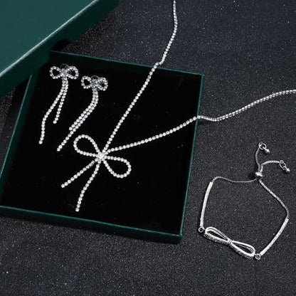 NEWITIN 4 Pieces Crystal Jewelry Set for Women Wedding Costume Accessories | Hypoallergenic, Cubic Zirconia, Necklace Earrings Bracelet, Tennis, Silver Jewelry for Wedding Bride Bridesmaid Party Prom - color: Silver Bow