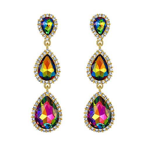EleQueen Women's Crystal Teardrop Pear Shape 2.5 Inch Long Earrings | Dangle Earrings for Women, TearDrop Crystals Earrings for Bride Bridesmaid, Prom Jewelry for Wedding - color: 05-Multicolor-Gold Tone