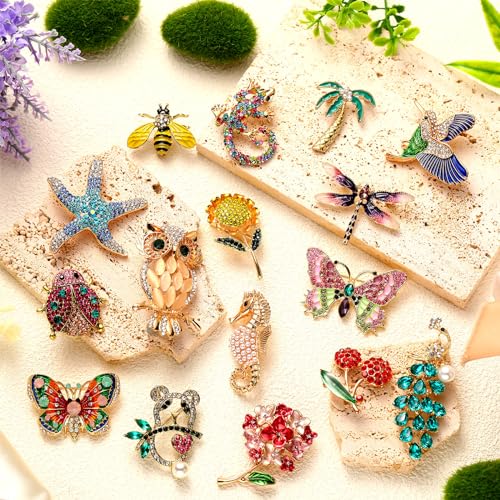 Sasylvia 16 Pcs Women Brooch Set Rhinestone Vintage Animal Insect Plant Pins Brooches Bulk for Christmas Women Girls Gifts - style: Nature