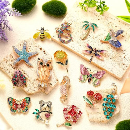 Sasylvia 16 Pcs Women Brooch Set Rhinestone Vintage Animal Insect Plant Pins Brooches Bulk for Christmas Women Girls Gifts - style: Nature