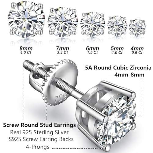 Jiamiaoi Stud Earrings Screw Back Sterling Silver Cubic Zirconia Stud Earrings Set 4 Millimeters-8 Millimeters Nickle Free Hypoallergenic Earring Studs - color: A-Round Cut White, size: 8mm