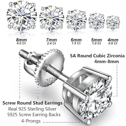 Jiamiaoi Stud Earrings Screw Back Sterling Silver Cubic Zirconia Stud Earrings Set 4 Millimeters-8 Millimeters Nickle Free Hypoallergenic Earring Studs - color: A-Round Cut White, size: 8mm