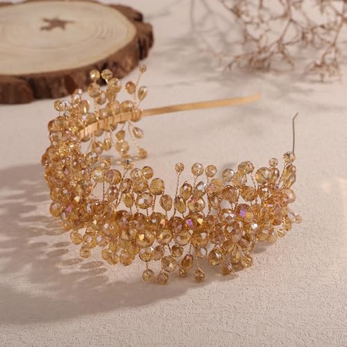 Denifery Large Crystal Headband for Wedding Bridal Hair Band Headpiece for Party Prom Hair Accessories (Champagne) - color: Champagne