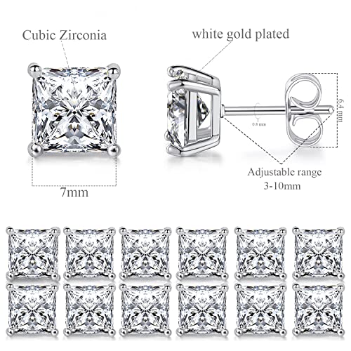 Stud Earring Set for Women Men 18K Yellow/White Gold Plated Princess Cut 4 Prong Graduated Square Clear Cubic Zirconia Pakc of 6 Pairs 3-7mm - color: White gold-7mm-6 pairs