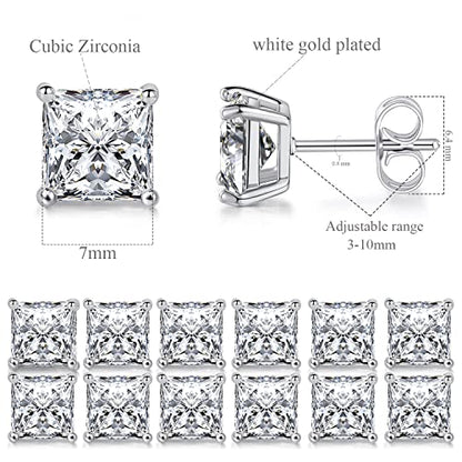 Stud Earring Set for Women Men 18K Yellow/White Gold Plated Princess Cut 4 Prong Graduated Square Clear Cubic Zirconia Pakc of 6 Pairs 3-7mm - color: White gold-7mm-6 pairs