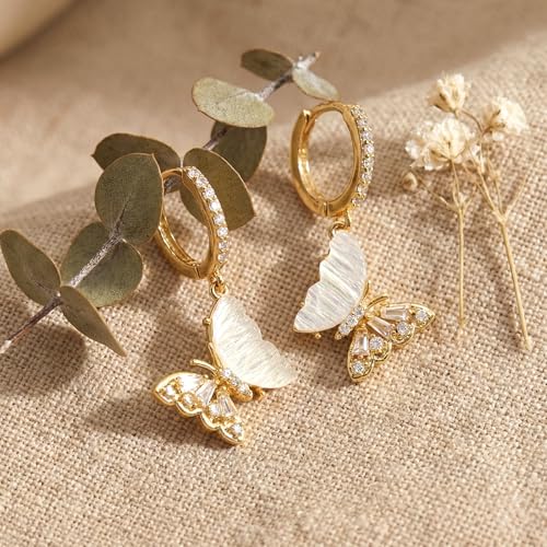 Sonateomber Gold Silver Small Hoop Dangle Earrings for Women, Trendy Dainty Rhinestone CZ Dangling Prom Wedding Leaf Flower Snowflake Butterfly Starfish Fashion Jewelry Gift - color: Rainbow butterfly