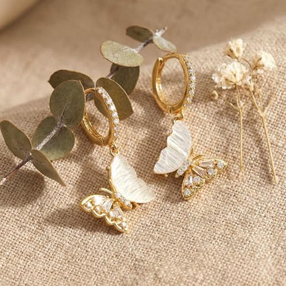 Sonateomber Gold Silver Small Hoop Dangle Earrings for Women, Trendy Dainty Rhinestone CZ Dangling Prom Wedding Leaf Flower Snowflake Butterfly Starfish Fashion Jewelry Gift - color: Rainbow butterfly