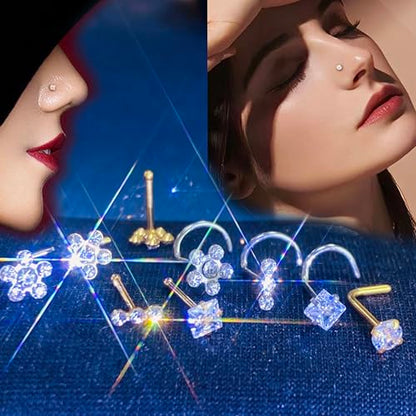14k Gold Plated Nose Rings Studs for Women 316L Surgical Steel Nose Piercings 22g/20g/18g Gauges 1.5mm/2mm/2.5mm/3mm/3.5mm/4.5mm Sizes - color: 20g 9pcs Bone Silver Surgical Steel