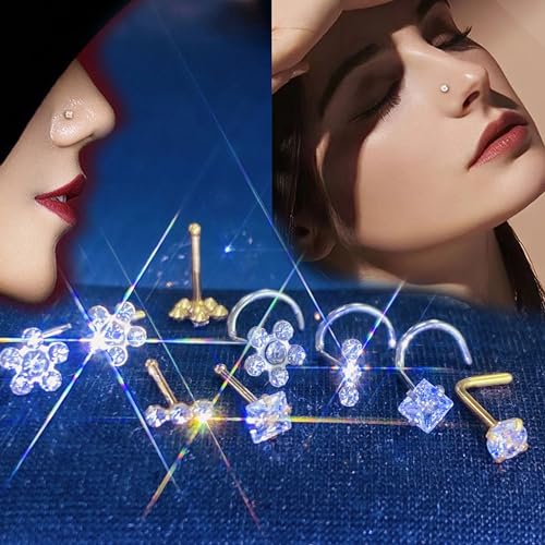 14k Gold Plated Nose Rings Studs for Women 316L Surgical Steel Nose Piercings 22g/20g/18g Gauges 1.5mm/2mm/2.5mm/3mm/3.5mm/4.5mm Sizes - color: 20g 9pcs S Gold Surgical Steel