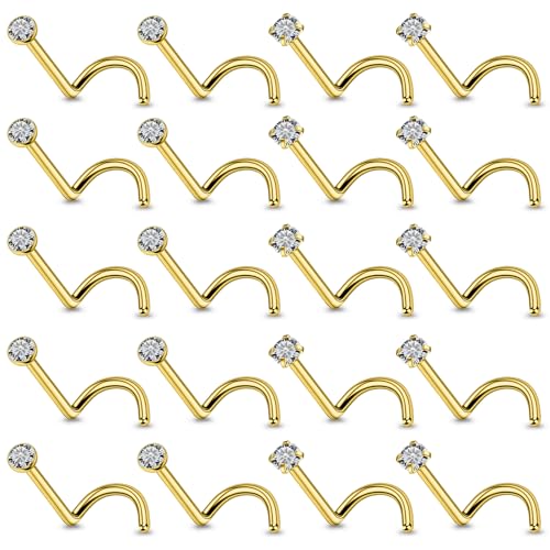 20Pcs Nose Rings Studs Surgical Steel L-Shape Nose Rings for Women 1.5mm 2mm Cubic Zirconia Nose Screw Studs Hypoallergenic Nose Piercings Jewelry 24g 22g 20g 18g - color: corkscrew,goldtone, size: 24g,2mm CZ