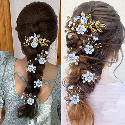5 PCS Bridal Flower Wedding Hair Pins Crystal Pearl Hair Clips Headpiece Gold Wedding Hair Accessories Jewelry with Rhinestone for Brides Bridesmaids Women Girls Updo, Special Cream Blue - color: Exquisite Flower Leaves&Special Cream Blue