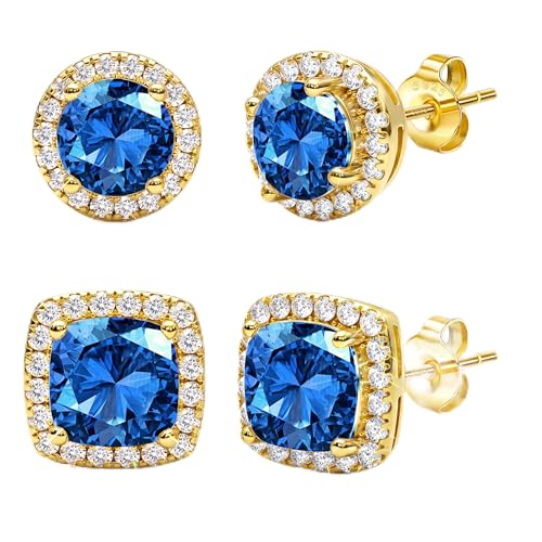 2 Pairs S925 Sterling Silver Stud Earrings for Women Halo Cubic Zirconia | 14K Gold Plated Hypoallergenic Non Tarnish Round Square Silver Stud Earring for Women Men Dainty Trendy Jewelry - style: Gold-Blue Stone