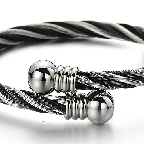 COOLSTEELANDBEYOND Elastic Adjustable Steel Twisted Cable Cuff Bangle Bracelet for Mens for Women - color: D-Metal Color: Silver & Black