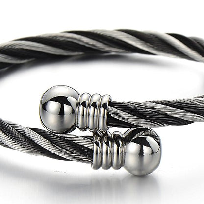 COOLSTEELANDBEYOND Elastic Adjustable Steel Twisted Cable Cuff Bangle Bracelet for Mens for Women - color: D-Metal Color: Silver & Black