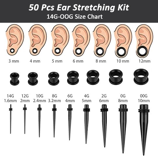 50-Piece Ear Gauges Stretching Kit, 14G-00G | Acrylic tapers and plugs with soft silicone tunnels, body piercing jewelry for women and men - color: Black 1