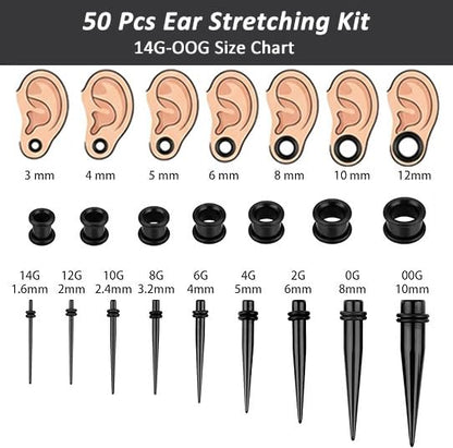 50-Piece Ear Gauges Stretching Kit, 14G-00G | Acrylic tapers and plugs with soft silicone tunnels, body piercing jewelry for women and men - color: Black 1