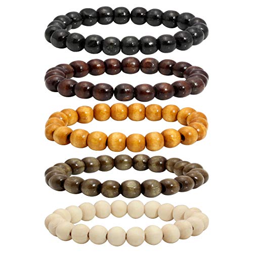 5 Pcs Wooden Beaded Bracelet Bangle for Men and Women Elastic - style: B: 10MM