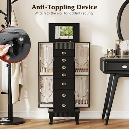 Giantex Standing Jewelry Cabinet with 7 Drawers, Flip-Top Mirror, 2 Side Doors with 12 Necklace Hooks, Divided Ring Compartments, Velvet-Lined Jewelry Armoire Organizer Chest (Black) - color: Black