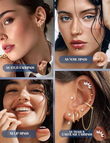LOLIAS Hypoallergenic Gold Threadless Flat Back Stud Earrings for Women | 20G 18G 16G Surgical Steel Earrings Push in Nose Studs CZ Cartilage Earring Set Labret Helix Tragus Conch Piercing Jewelry - color: 14K Gold, size: 20G(0.8MM)-Heart&Flower
