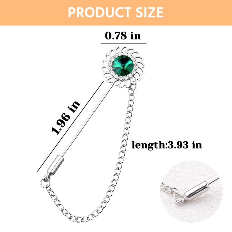 Mens Sunflower Lapel Pin Crystal Rhinestone Brooches for Men Hanging Chain Brooch Suit Pin Flower Lapel Pins for Men Wedding Business Party - color: Green-J
