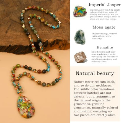 Long Necklaces for Women Boho, Oval Waterdrop Turquoise Pendant, Natural Stone Beaded, Handmade,Vintage & Elegance, Boho Fashion Charm Beaded Necklace for Women - style: R-Oval Waterdrop Jasper