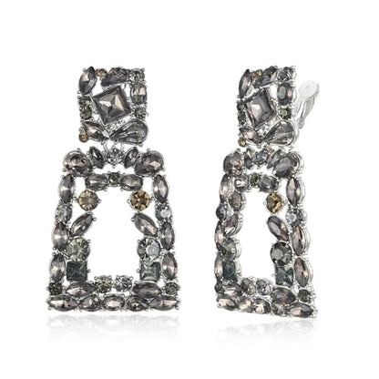 Flyonce Rectangle Clip-on Drop Earrings for Women, Sparkly Rhinestone Crystal Geometric Statement Non Pierced Earring Wedding Prom Party Jewelry for Brides Bridesmaid - color: Grey Silver-Tone