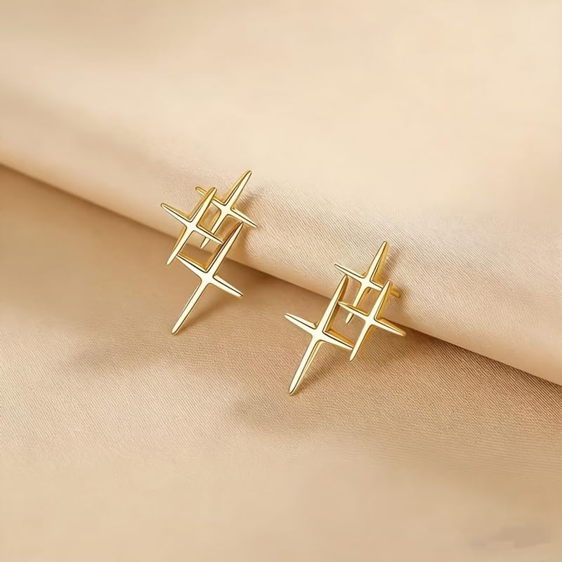 Gold Plated Minimalist Geometric Cross Star Stud Earrings with Hypoallergenic Stainless Steel Posts for Daily and Party Wear