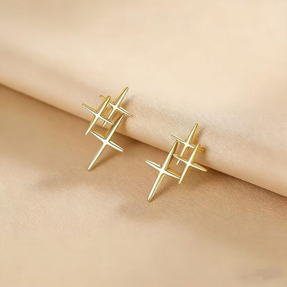 Gold Plated Minimalist Geometric Cross Star Stud Earrings with Hypoallergenic Stainless Steel Posts for Daily and Party Wear